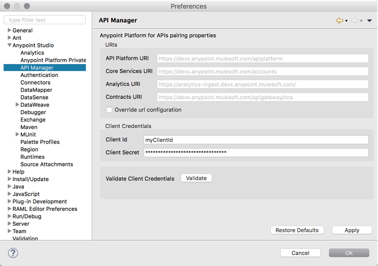 API Manager の設定が含まれるウィンドウ