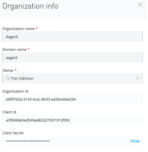 Mule 3 での名前、ID、クライアントシークレットなどの組織情報が表示されているフォーム
